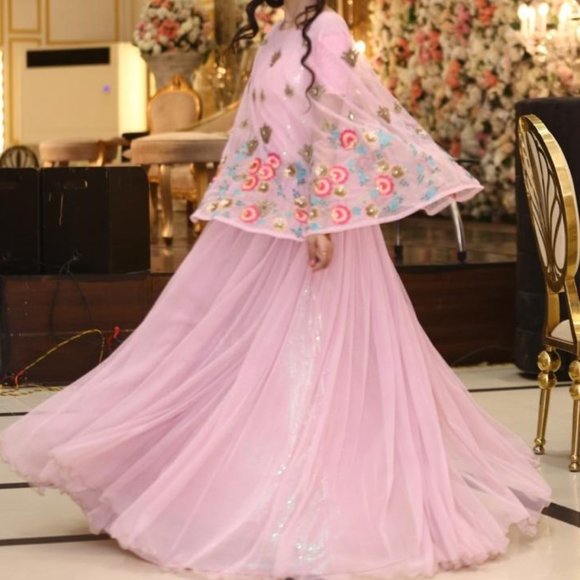 Bridesmaid pink  embroidered cape style frock - Picture 2 of 13